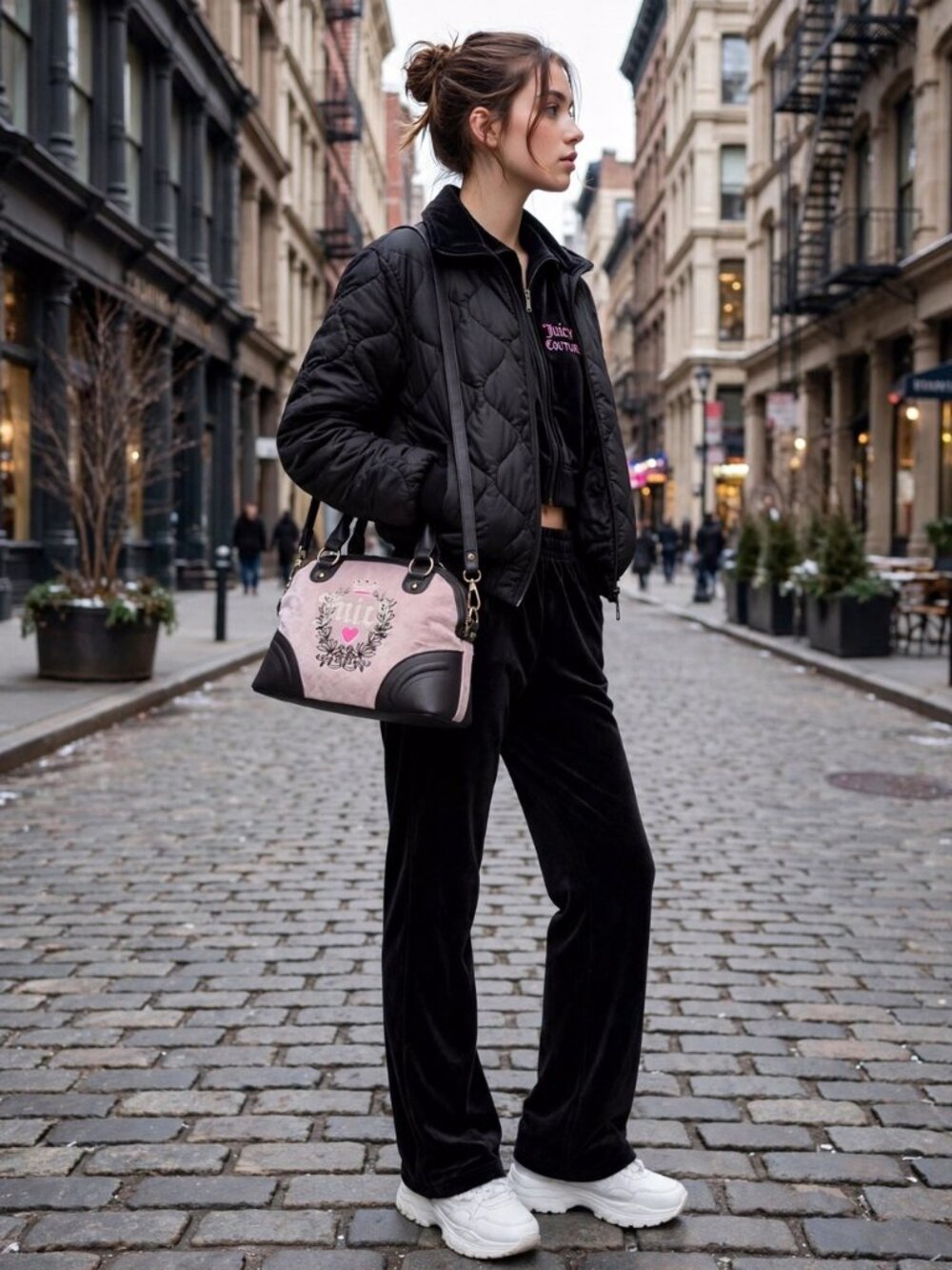 Juicy Couture Bag Pink Diamond HERITAGE SATCHEL Velour and Faux leather